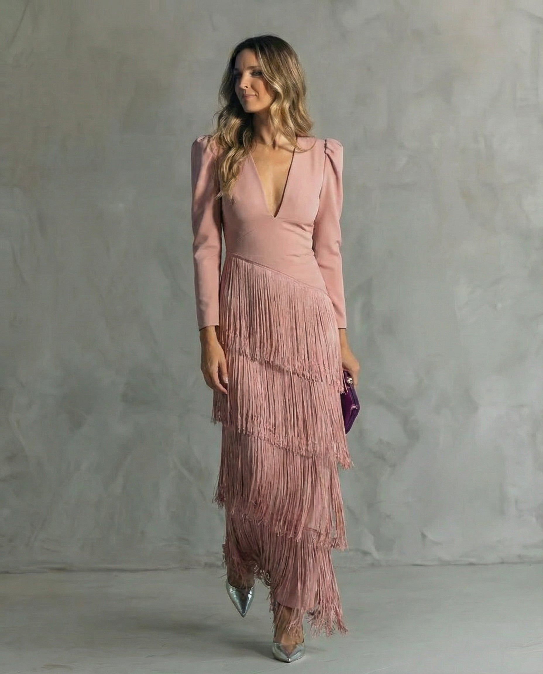 Esmeralda | Women's V-Neck Fringe Maxi Dress