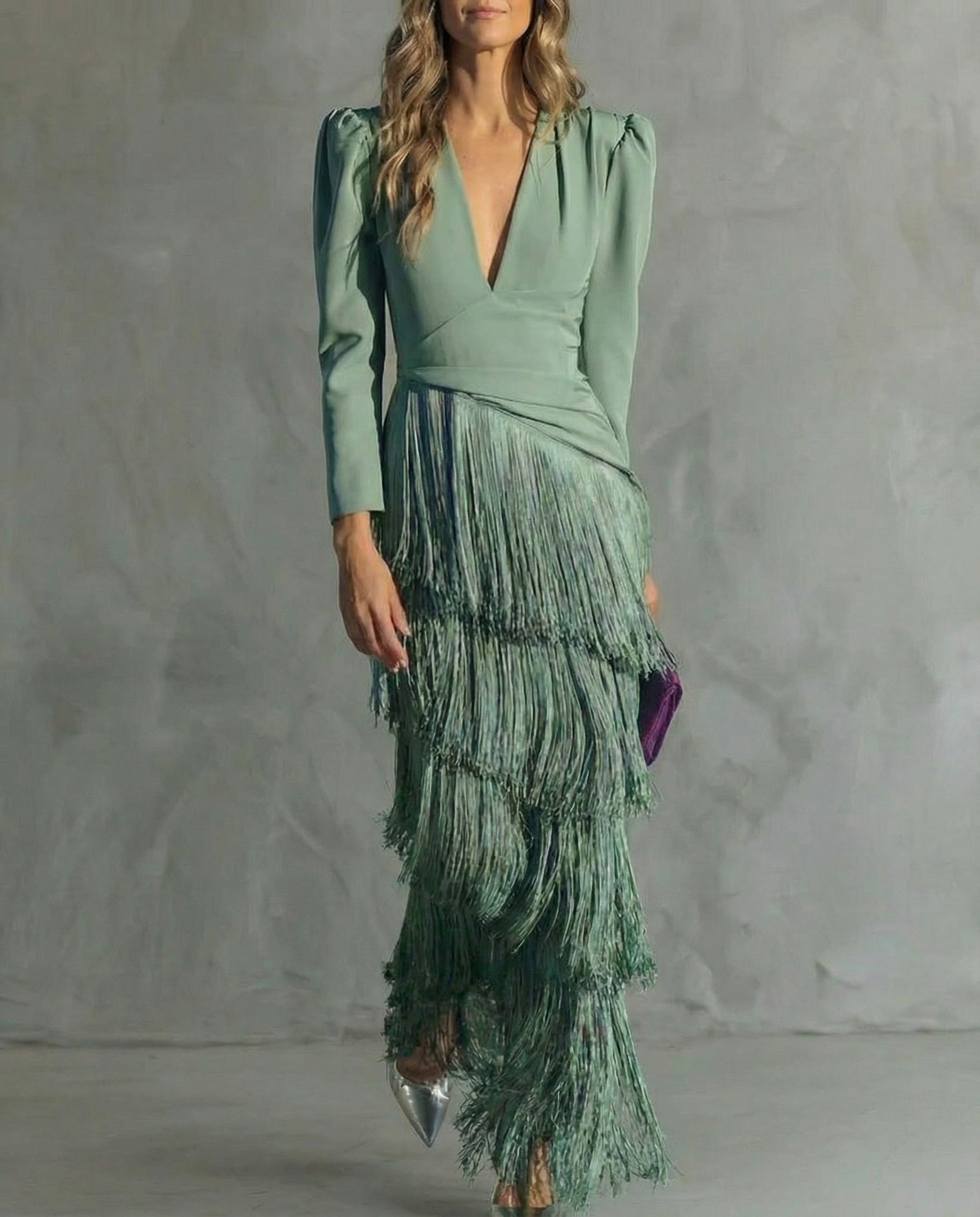 Esmeralda | Women's V-Neck Fringe Maxi Dress