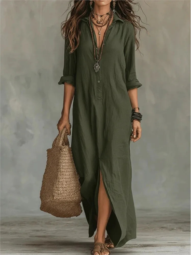 Ophelia | Women's Collared Long Sleeve Maxi Shirt Dress