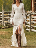 Serenity | Women's V-Neck Long Sleeve Tassel Maxi Dress