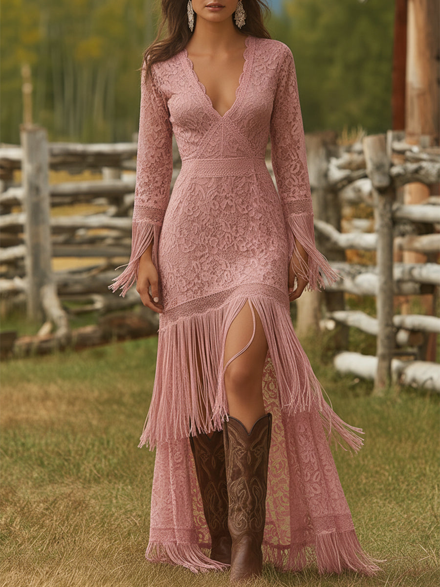 Serenity | Women's V-Neck Long Sleeve Tassel Maxi Dress