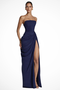 Theodora | Women's Strapless Ruched Slit Maxi Dress